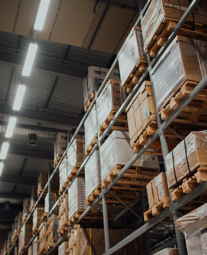 Boxed merchandise stored on warehouse racks